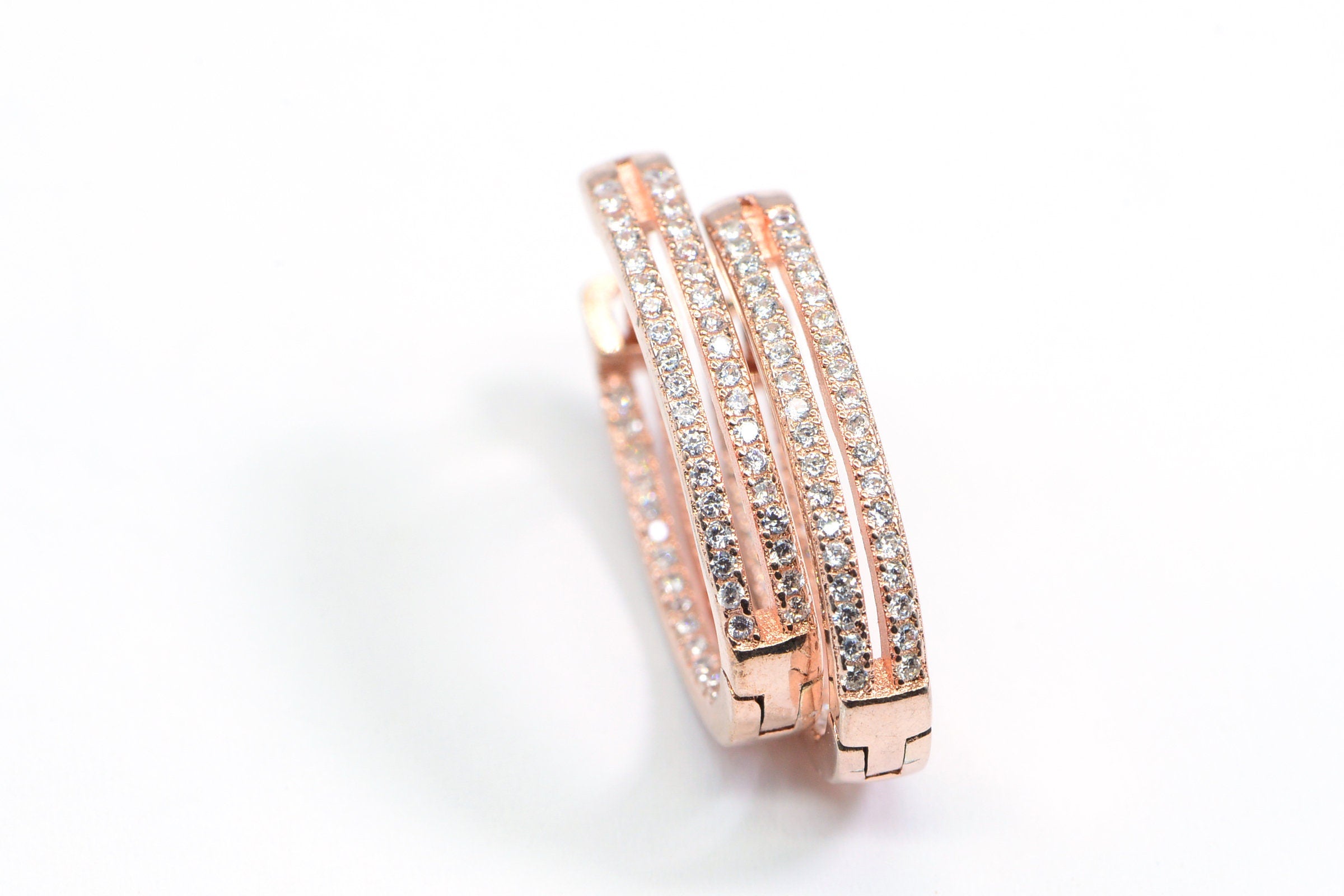 Rose Gold Zircon Hoop Earrings: Sterling Silver Hinged Hoops