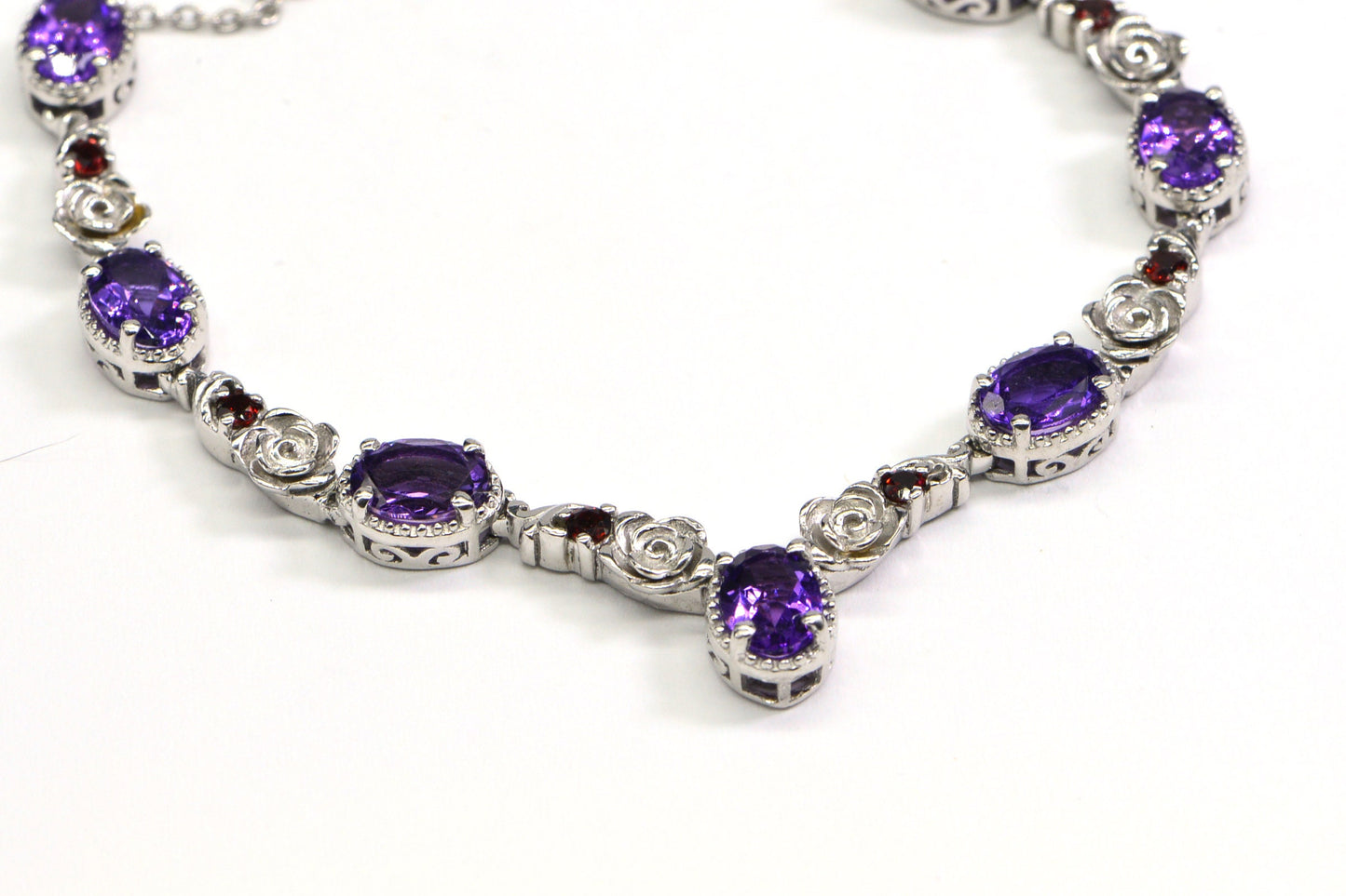 Amethyst Garnet Flower Design  Sterling Silver Necklace