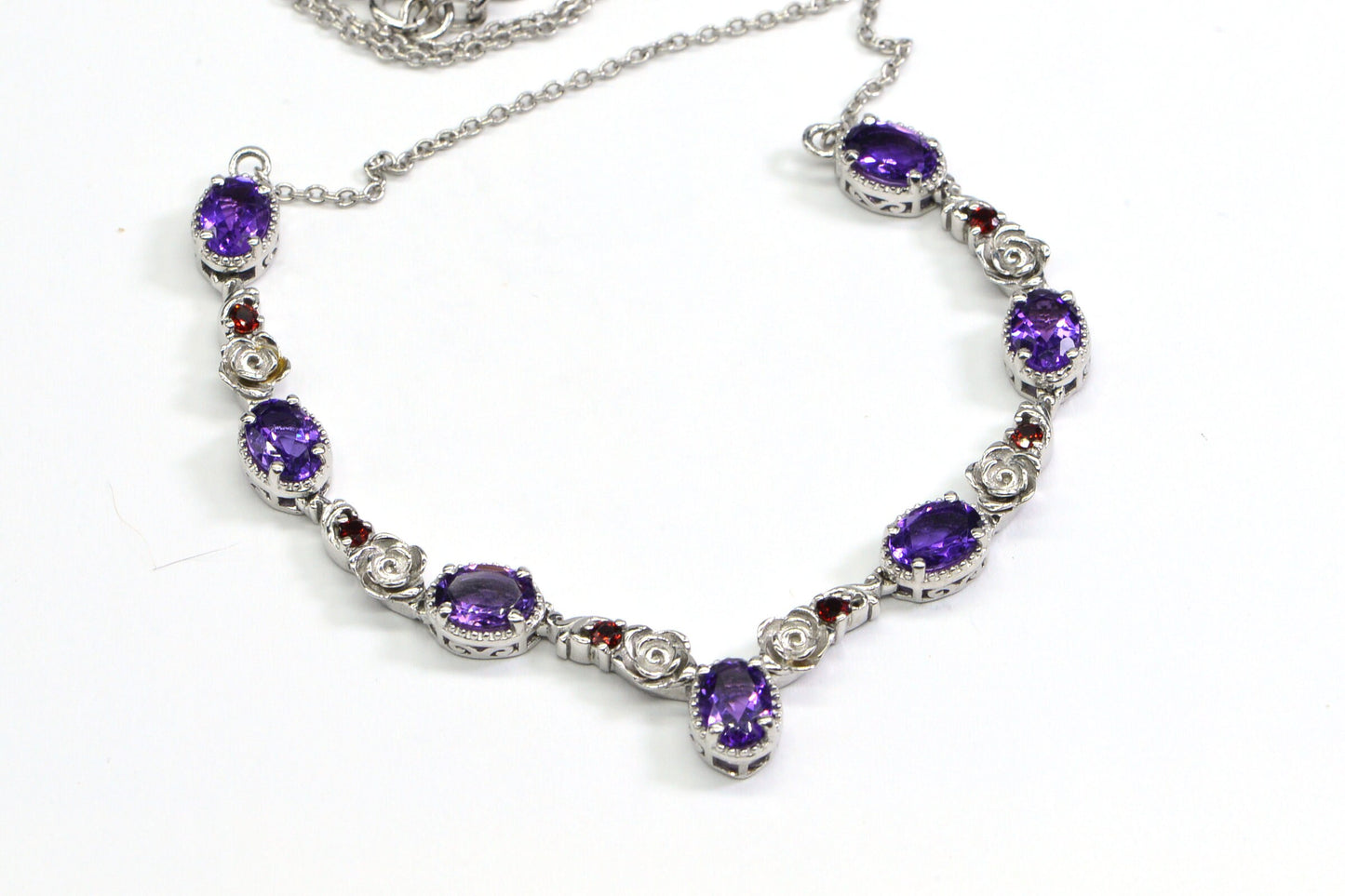 Amethyst Garnet Flower Design  Sterling Silver Necklace