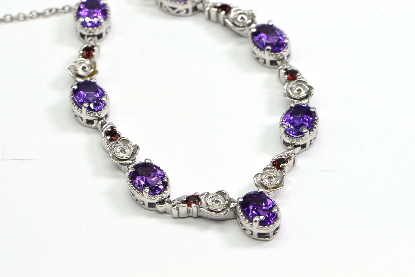 Amethyst Garnet Flower Design  Sterling Silver Necklace