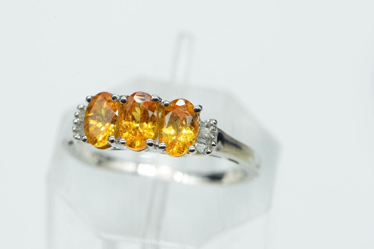 Citrine Three Stone Ring: Baguette Diamond, Rhodium Sterling Silver
