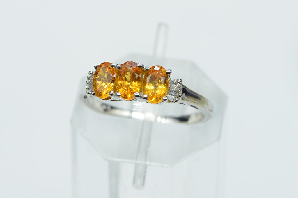 Citrine Three Stone Ring: Baguette Diamond, Rhodium Sterling Silver