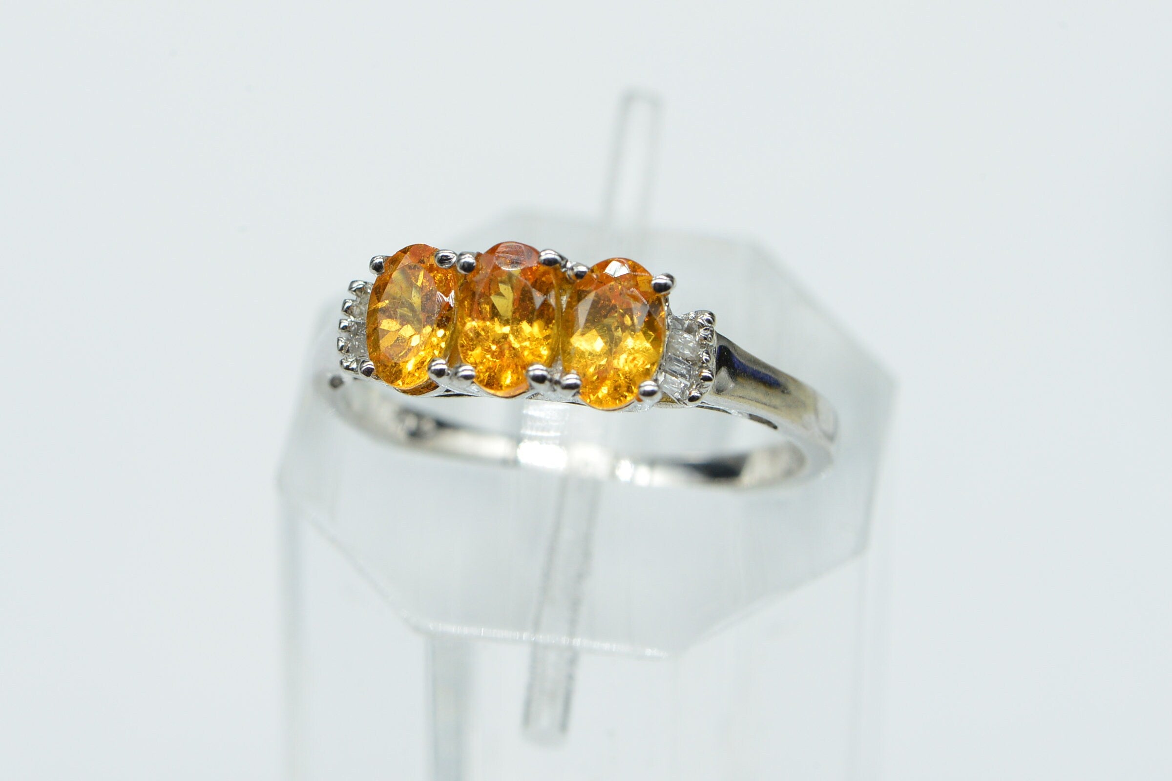 Citrine Three Stone Ring: Baguette Diamond, Rhodium Sterling Silver