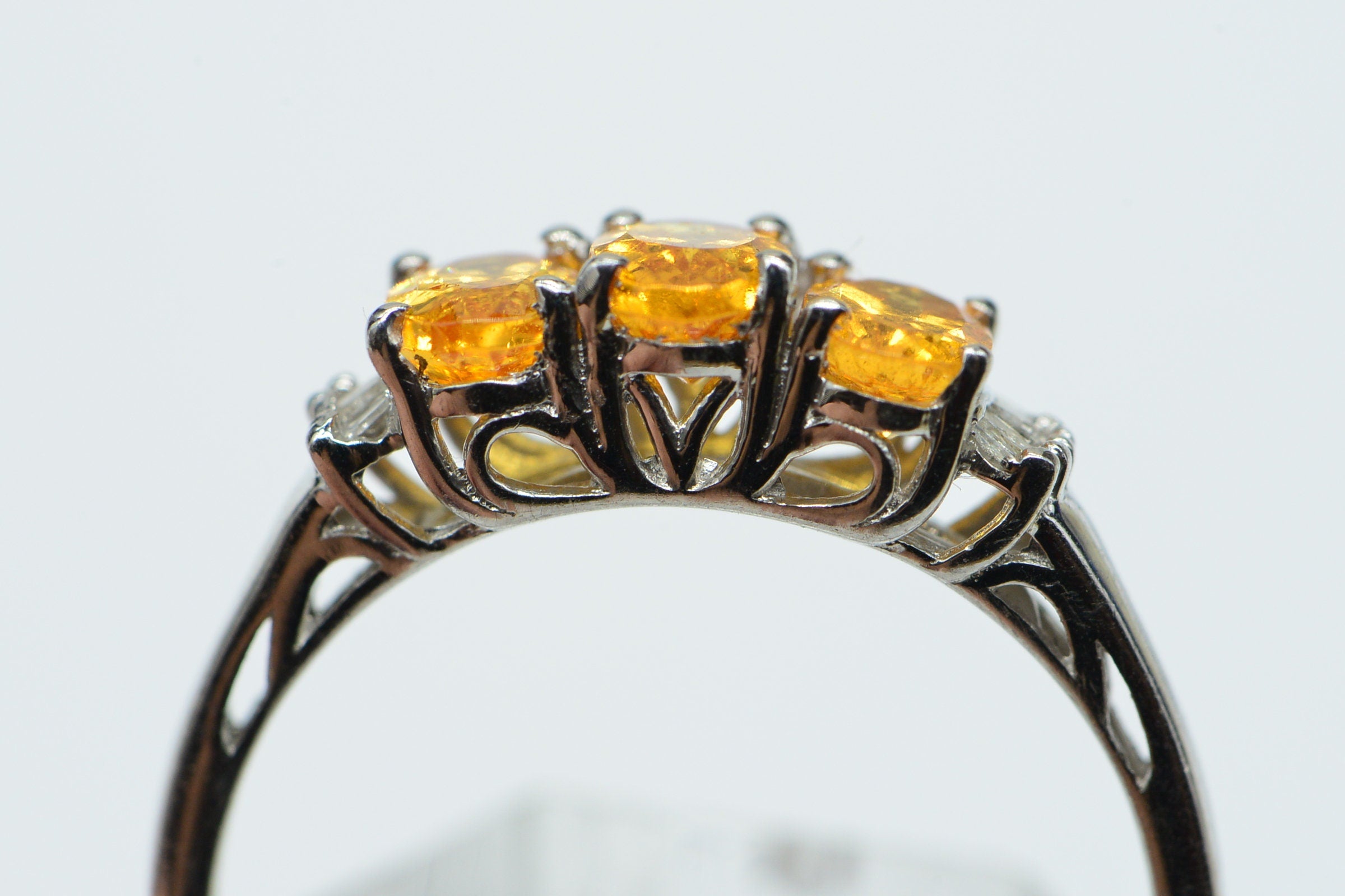 Citrine Three Stone Ring: Baguette Diamond, Rhodium Sterling Silver