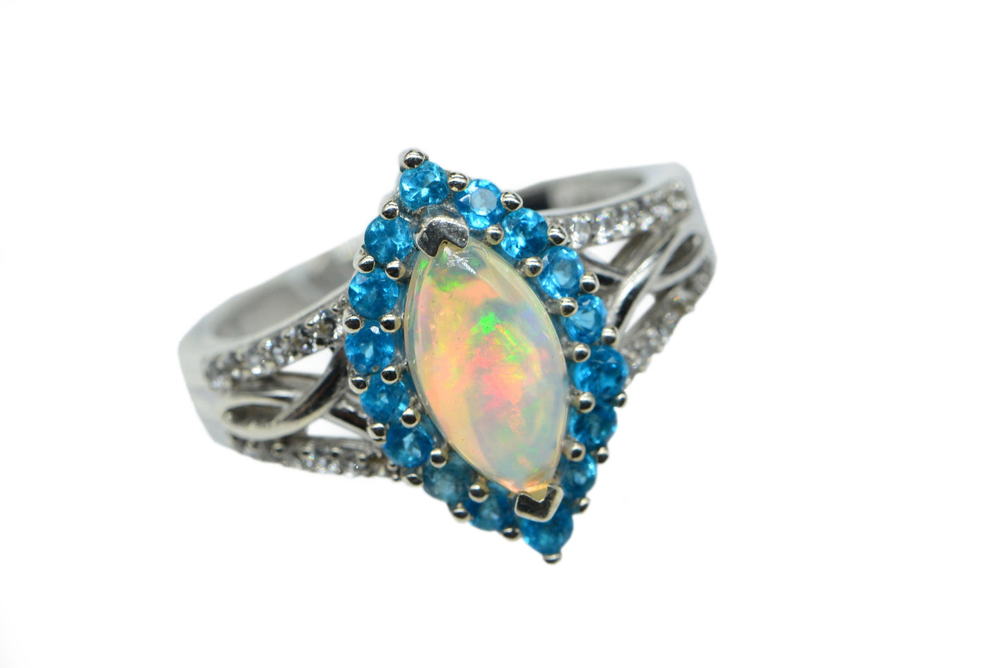 Neon Blue Apatite Opal Marquise  Ring Size 9 Fancy Girls Ring