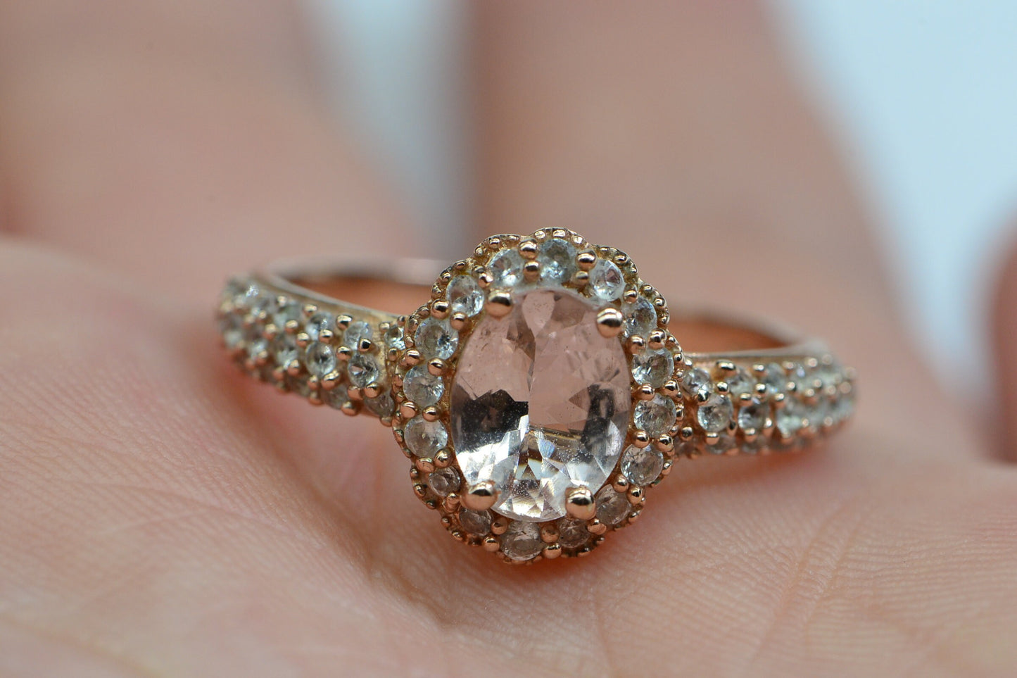 Morganite Engagement Ring Halo Diamond Rose Gold Over Sterling Silver Oval Pink Stone Ring