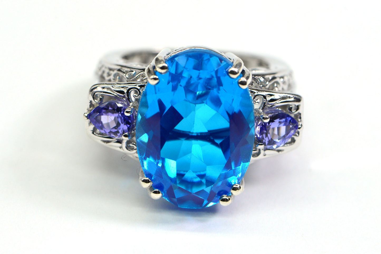 Electric Blue Topaz Natural Tanzanite Large Stone Cocktail Ring Sterling Silver