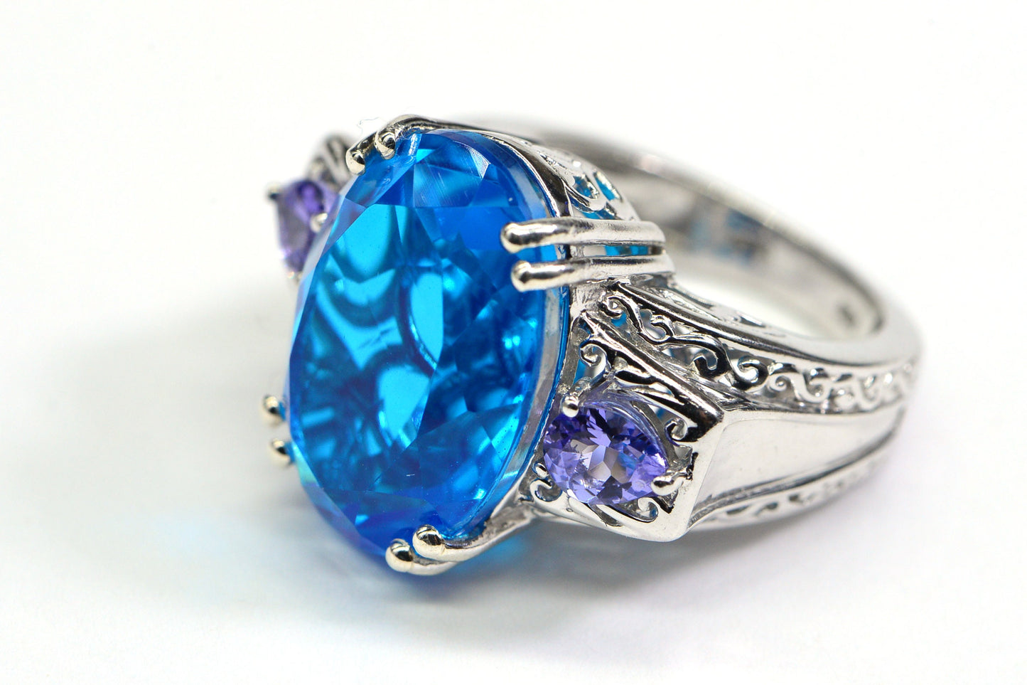 Electric Blue Topaz Natural Tanzanite Large Stone Cocktail Ring Sterling Silver