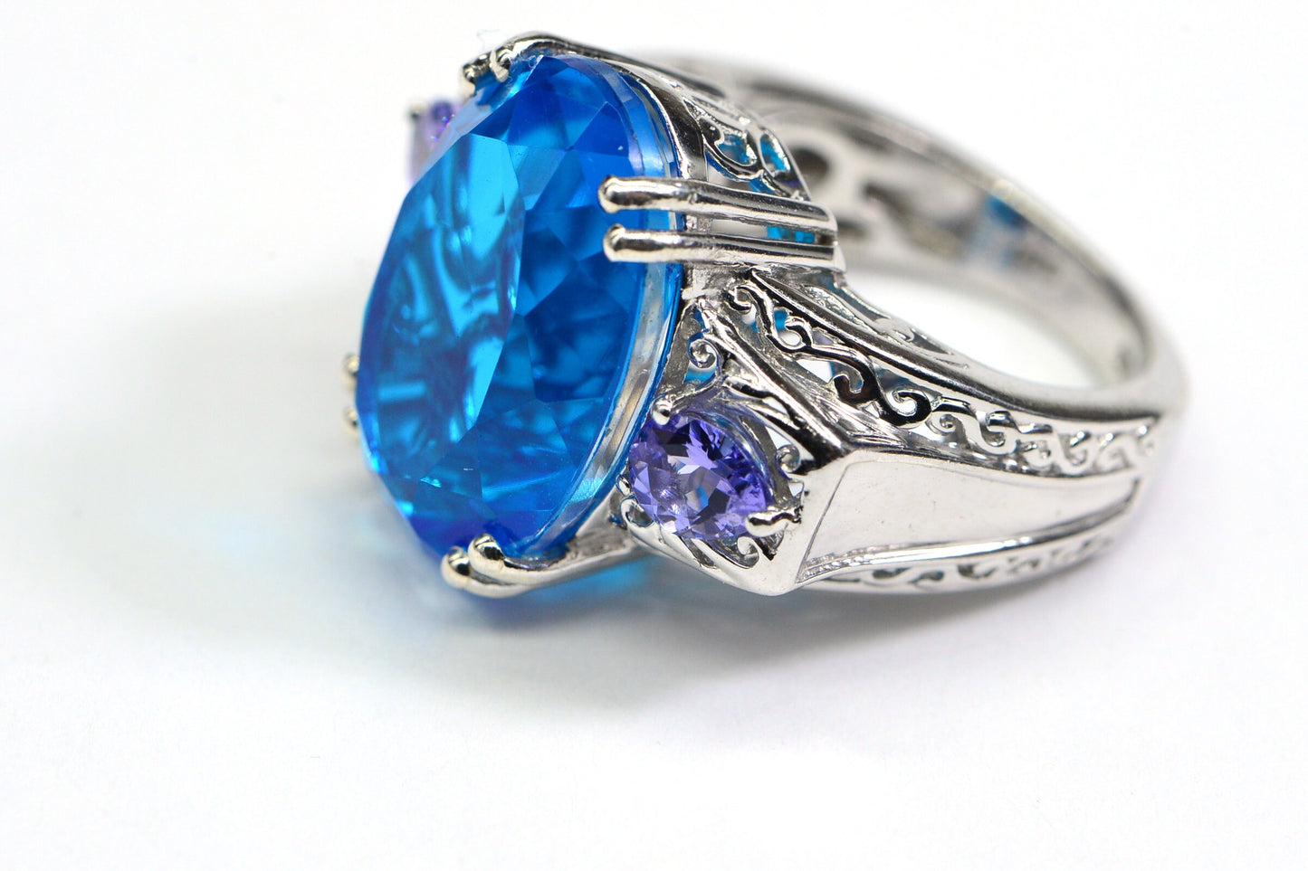 Electric Blue Topaz Natural Tanzanite Large Stone Cocktail Ring Sterling Silver