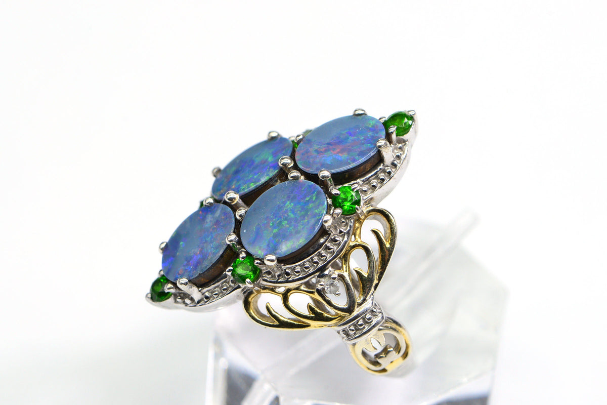 Australian Black Opal Marquise  Ring Sterling Silver Cocktail Fancy Women Ring