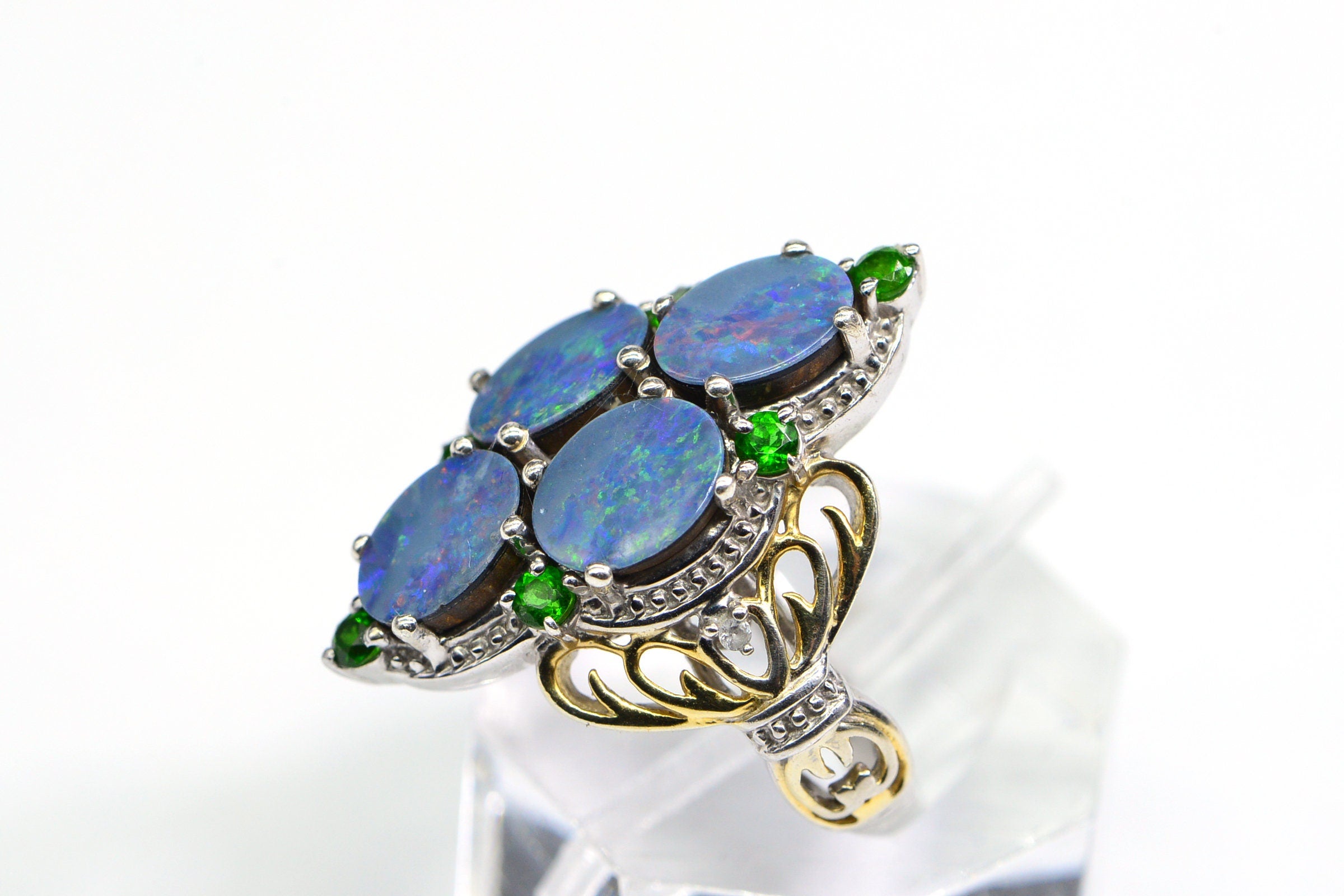 Australian Black Opal Marquise  Ring Sterling Silver Cocktail Fancy Women Ring