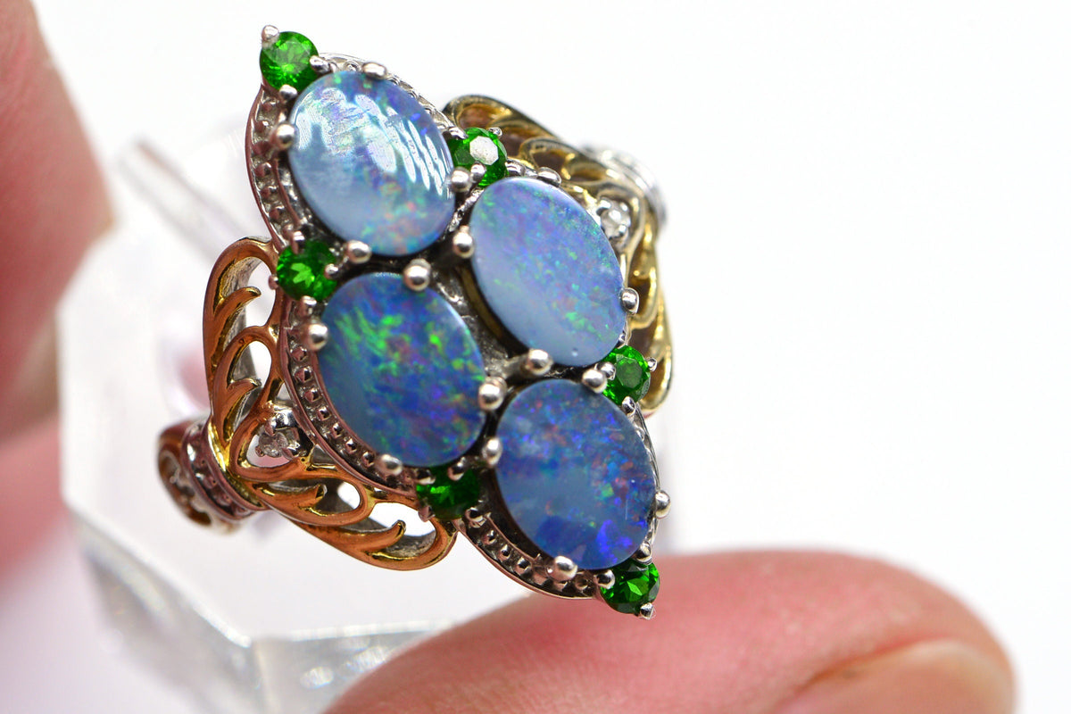 Australian Black Opal Marquise  Ring Sterling Silver Cocktail Fancy Women Ring