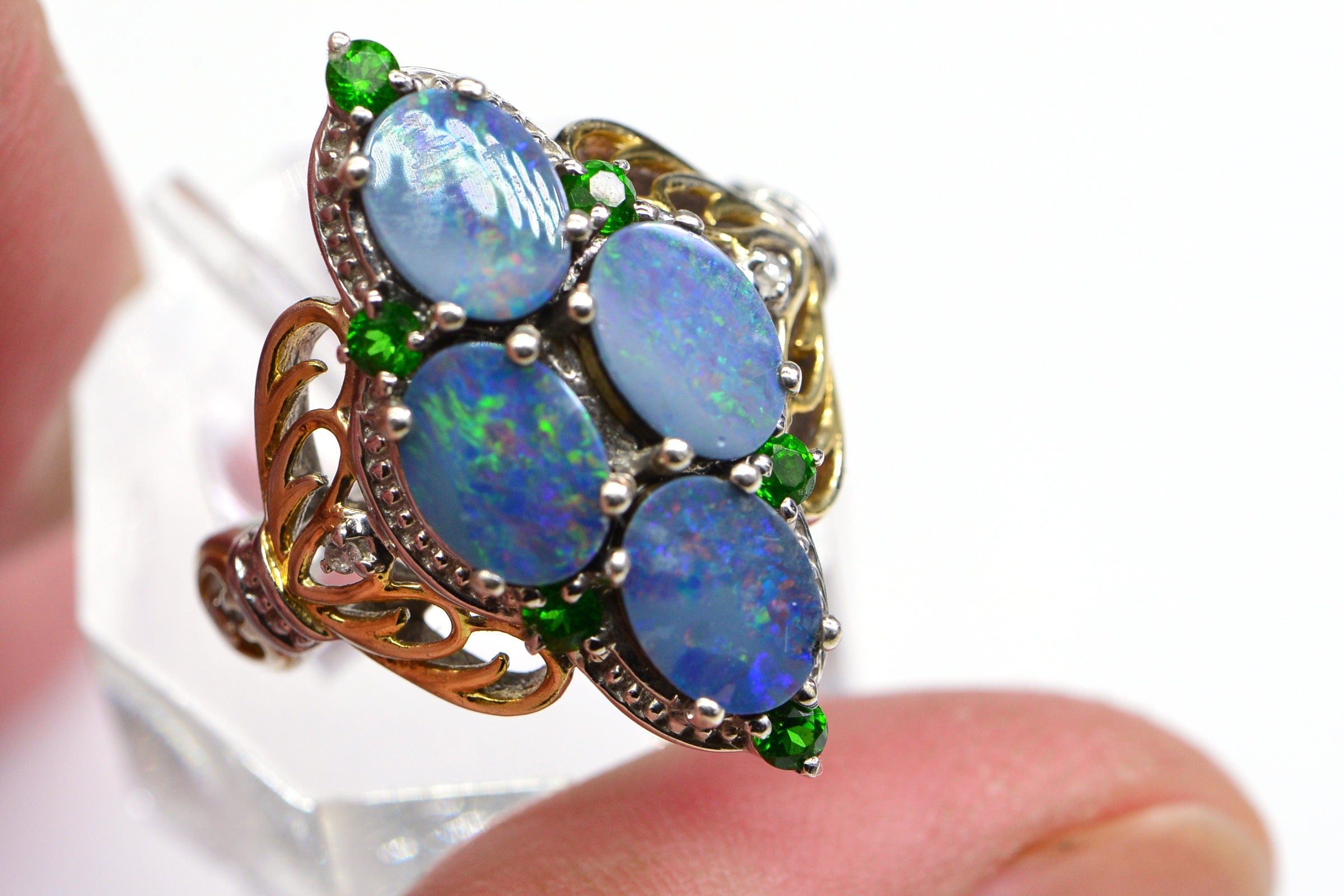 Australian Black Opal Marquise  Ring Sterling Silver Cocktail Fancy Women Ring