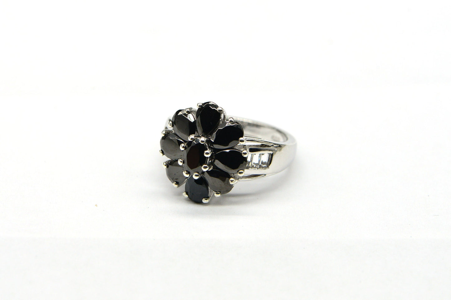 Black Spinel Flower Ring: Sterling Silver Multi Stone Cocktail Ring