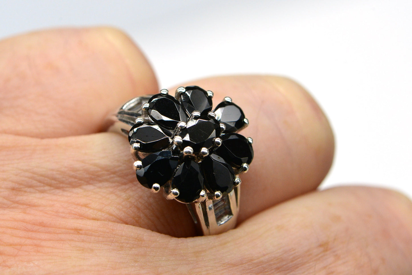 Black Spinel Flower Ring: Sterling Silver Multi Stone Cocktail Ring
