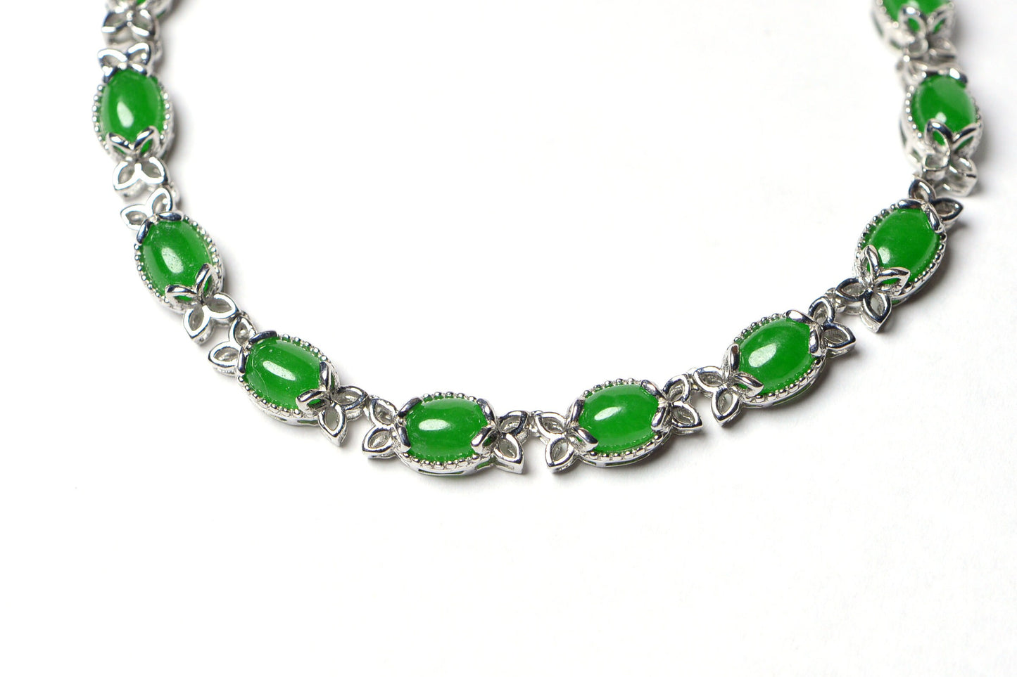 Apple Green Jade Link Necklace, Sterling Silver Leaf Design