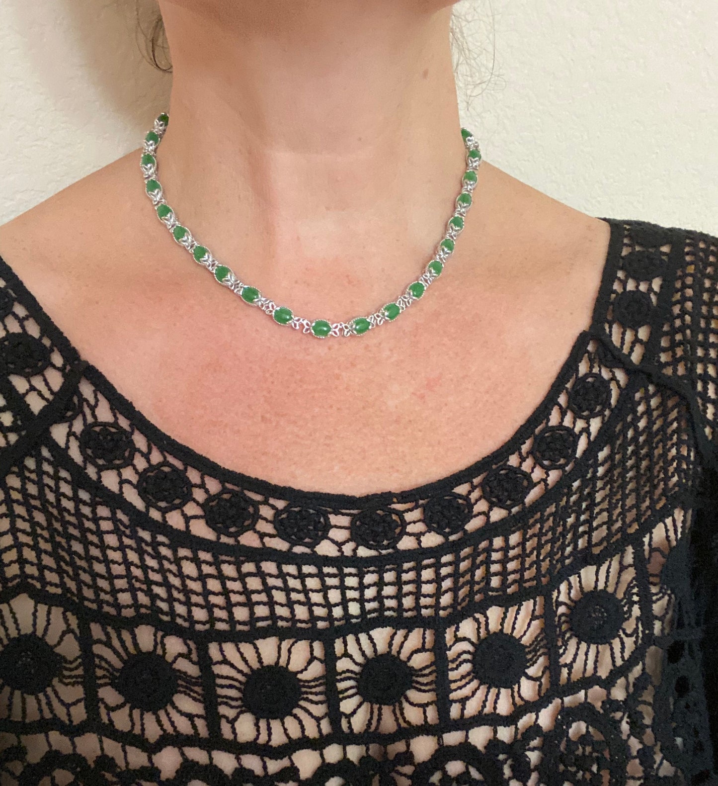 Apple Green Jade Link Necklace, Sterling Silver Leaf Design
