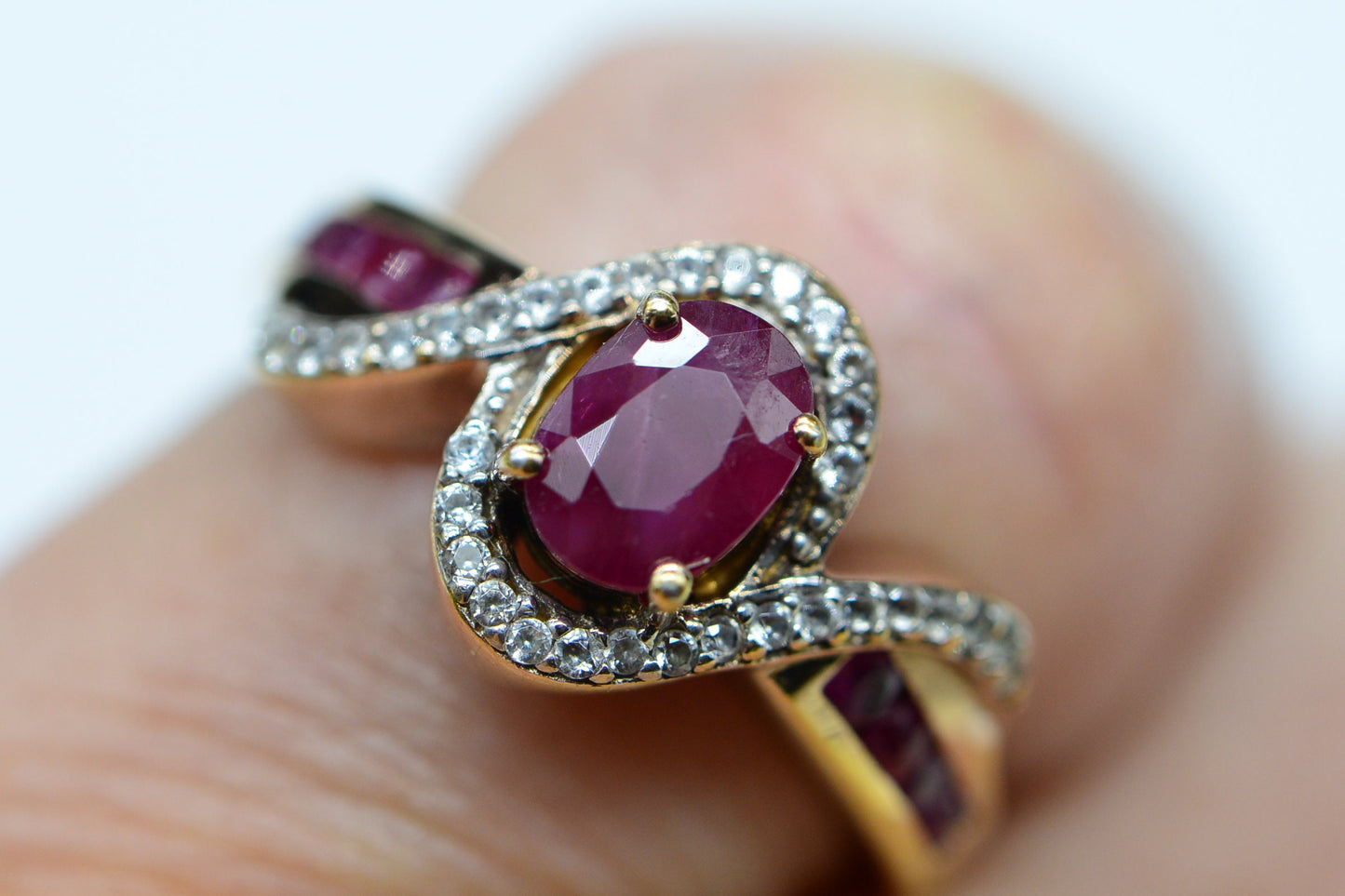 Vintage Ruby Ring, 24K Gold Plated Sterling Silver, Zircon Accents