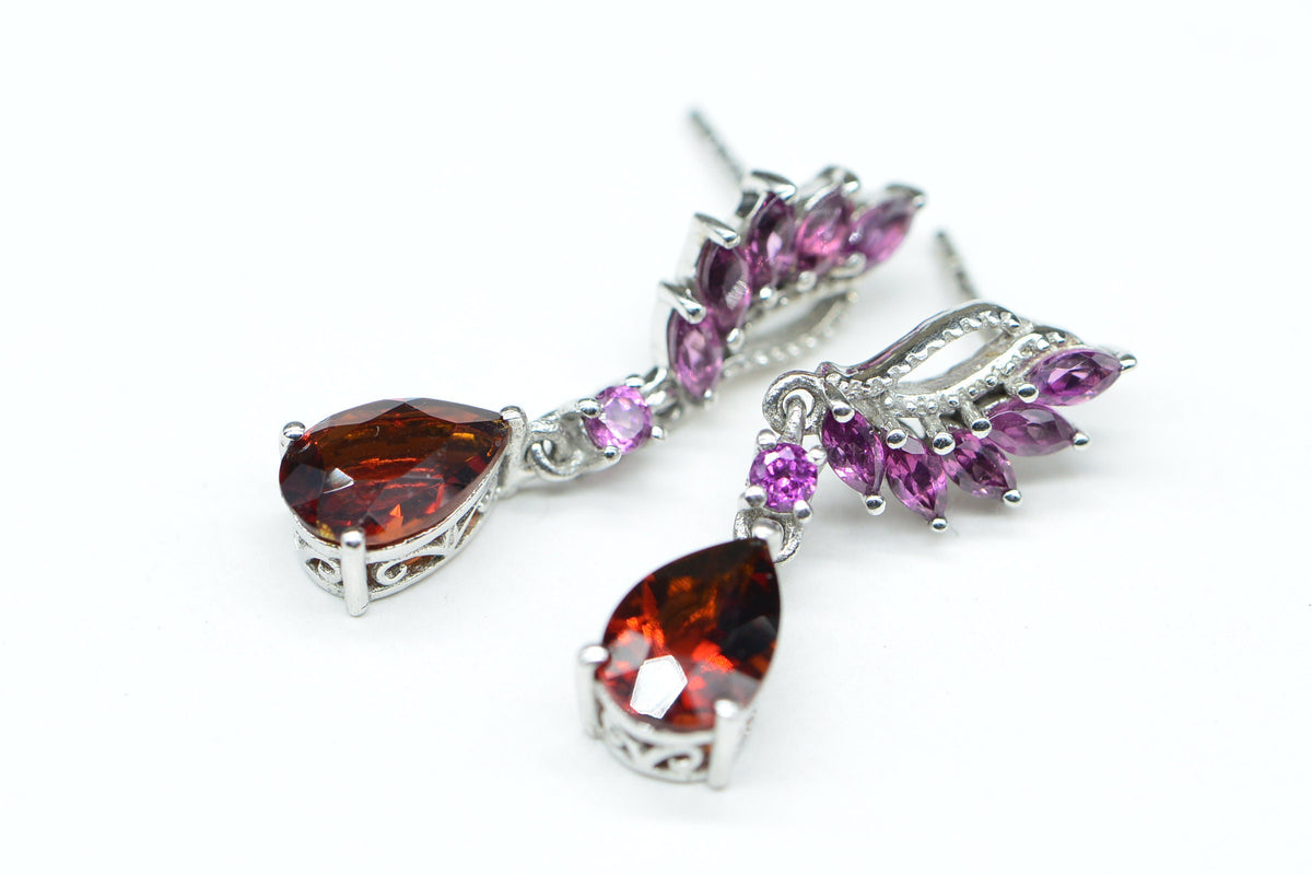 Garnet and Rhodolite Garnet Drop Earrings: Sterling Silver Filigree