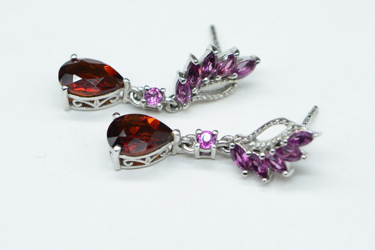 Garnet and Rhodolite Garnet Drop Earrings: Sterling Silver Filigree