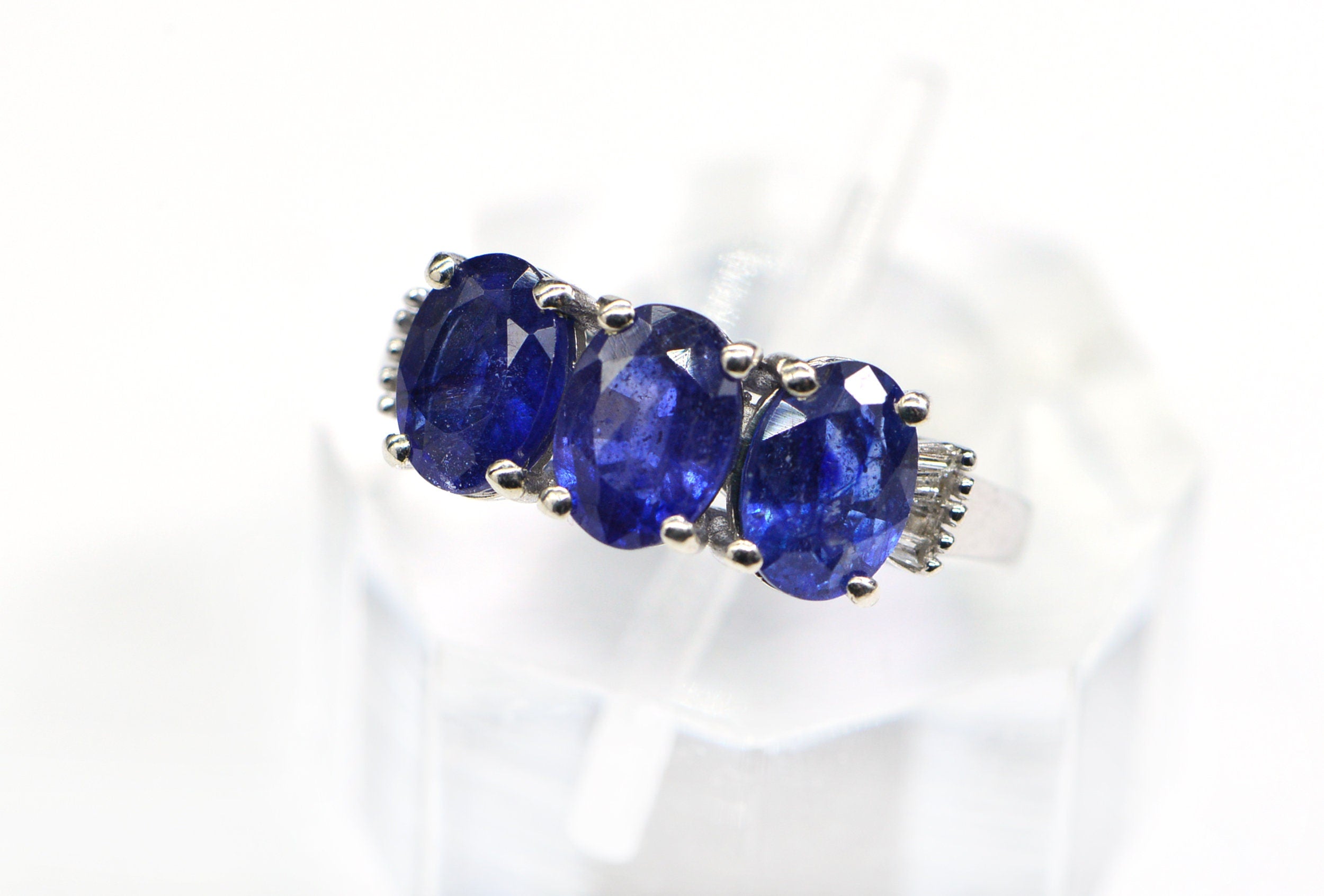 Blue Sapphire Three Stone Ring: Baguette Diamond, Sterling Silver
