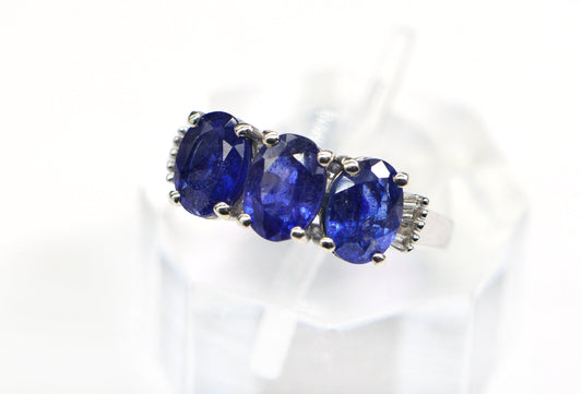 Blue Sapphire Three Stone Ring: Baguette Diamond, Sterling Silver