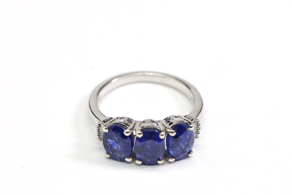 Blue Sapphire Three Stone Ring: Baguette Diamond, Sterling Silver