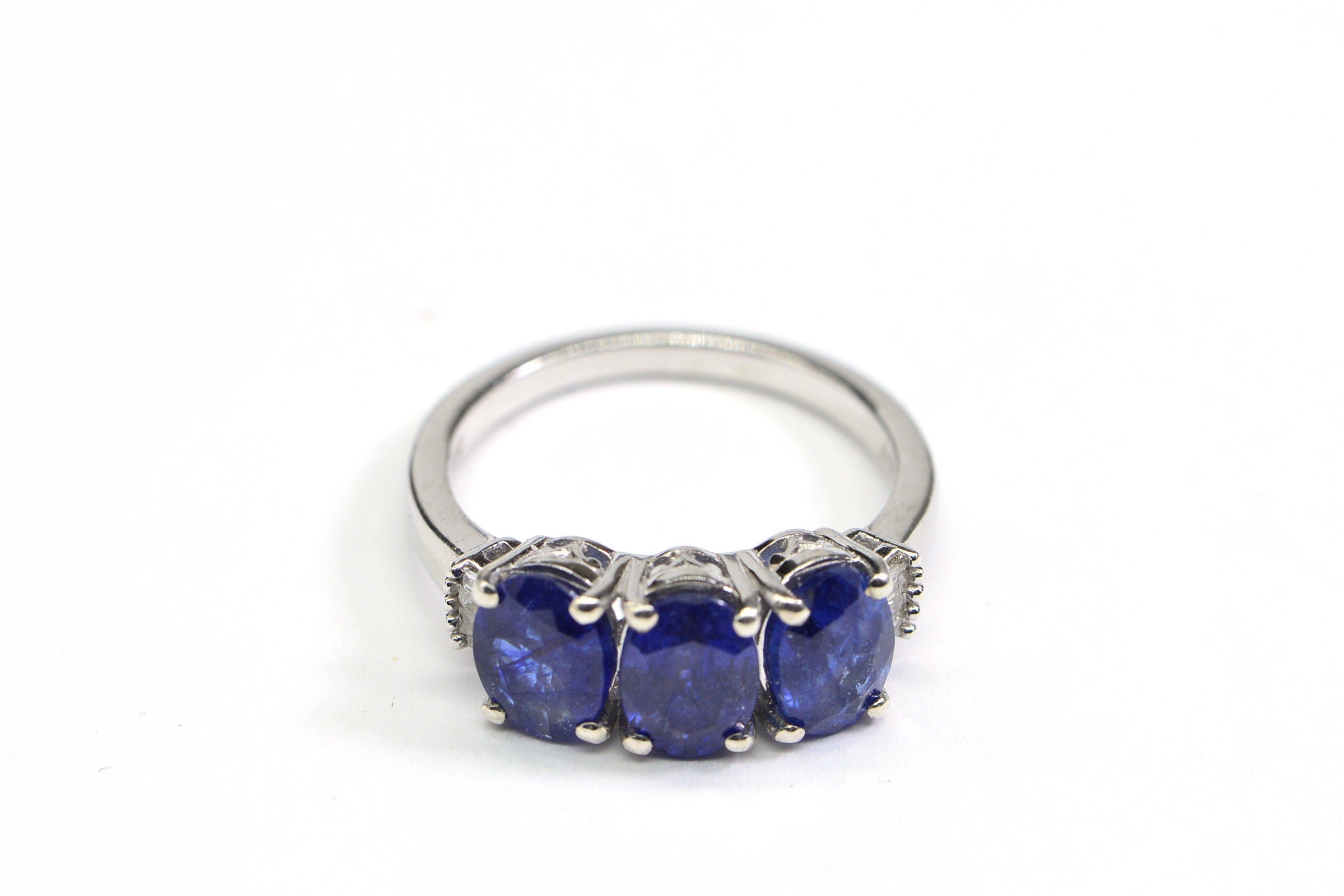 Blue Sapphire Three Stone Ring: Baguette Diamond, Sterling Silver