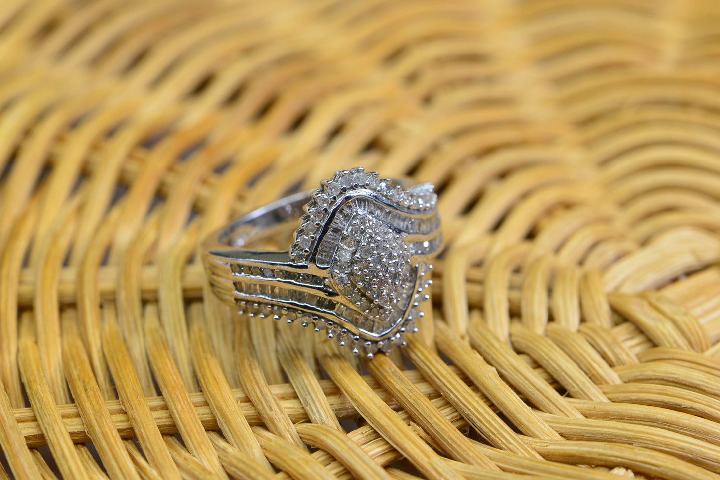 Vintage Diamond Cluster Ring, Sterling Silver Rhodium Finish, US Size 6