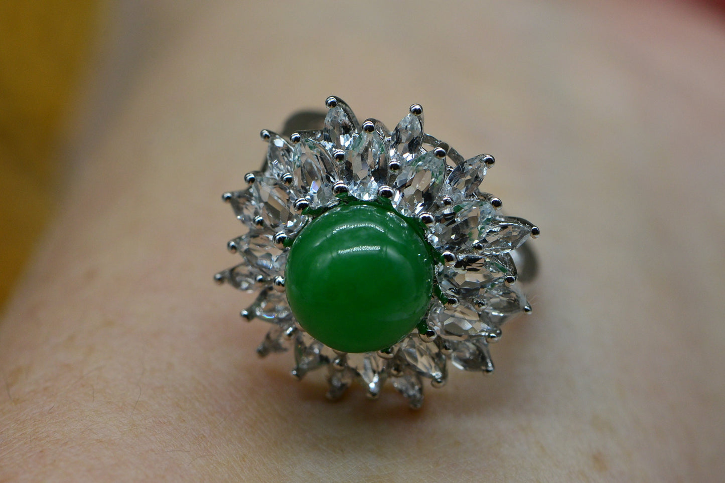 Jadeite Jade Ballerina Ring: Apple Green, White Topaz, Sterling Silver