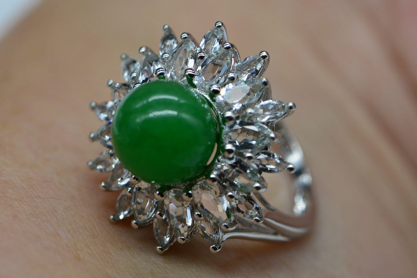 Jadeite Jade Ballerina Ring: Apple Green, White Topaz, Sterling Silver