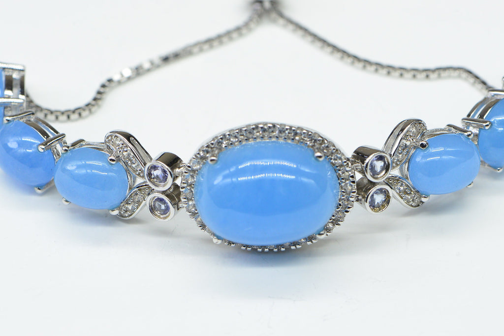 Blue Jade Bolo Bracelet: Sterling Silver, Zircon & Tanzanite