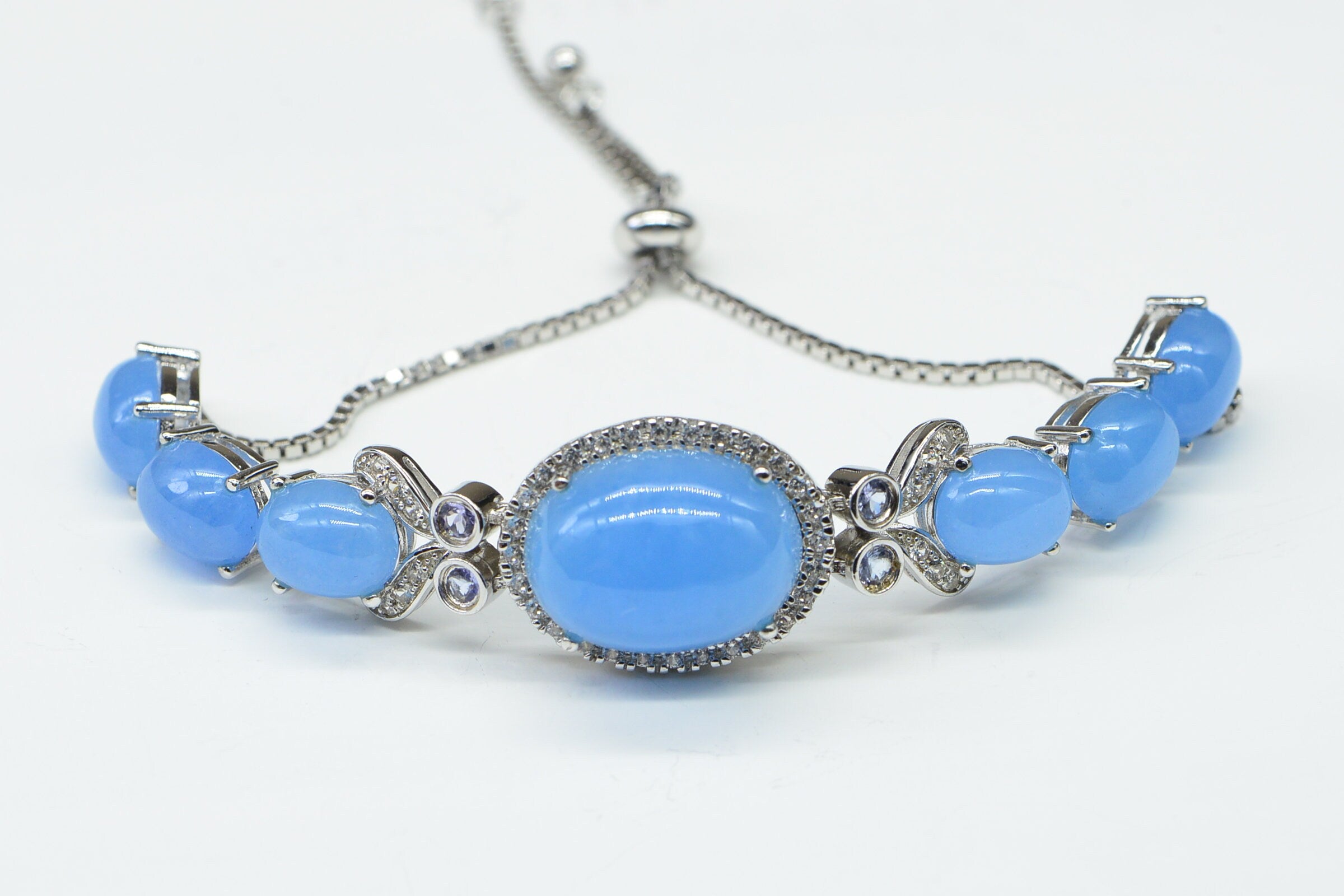 Blue Jade Bolo Bracelet: Sterling Silver, Zircon & Tanzanite