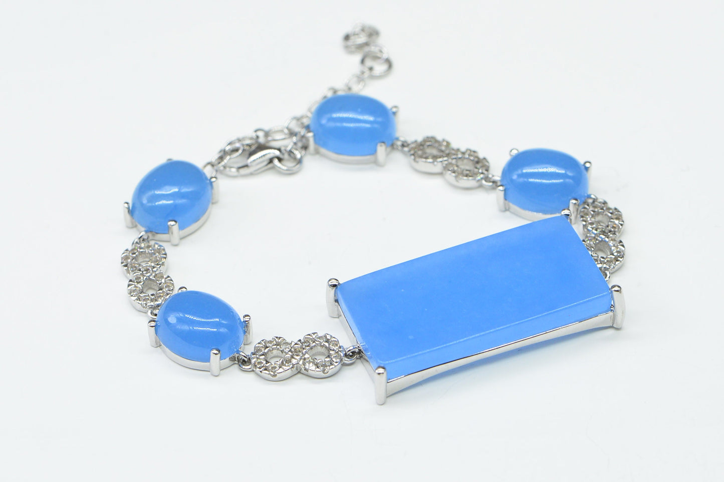 Blue Jade Bracelet: Rectangle Link, Zircon Silver Chain (7 inch)