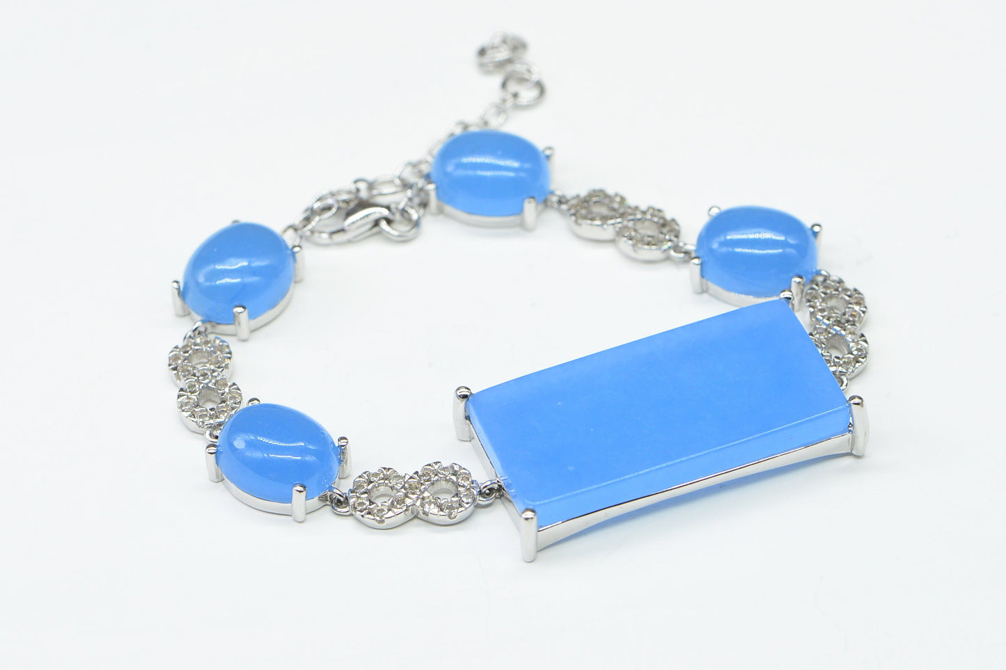 Blue Jade Bracelet: Rectangle Link, Zircon Silver Chain (7 inch)