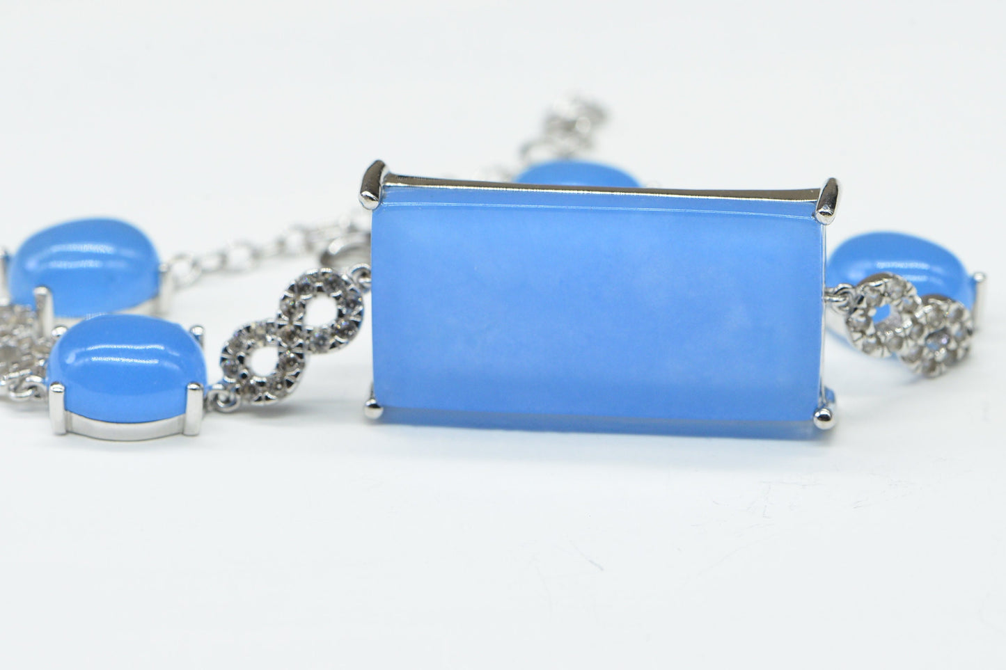 Blue Jade Bracelet: Rectangle Link, Zircon Silver Chain (7 inch)