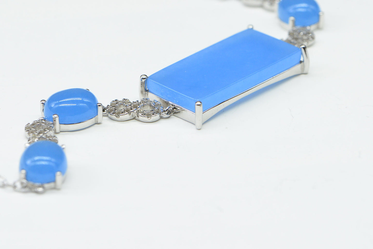 Blue Jade Bracelet: Rectangle Link, Zircon Silver Chain (7 inch)