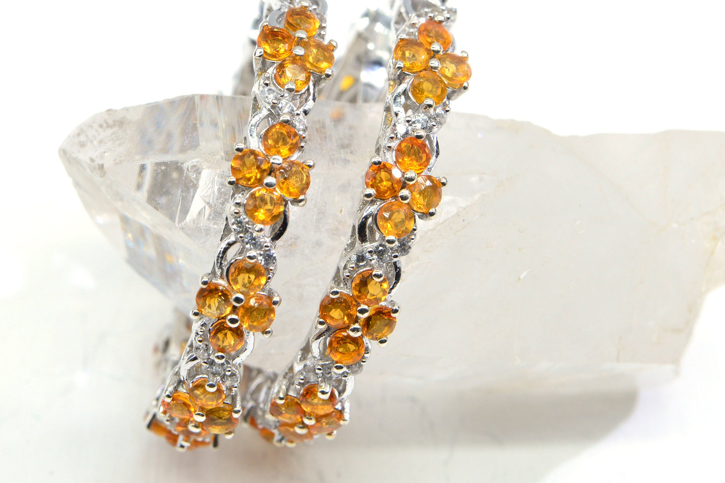 Mexican Fire Opal Rhodium Sterling Silver Orange Opal Flower Hoops Earrings