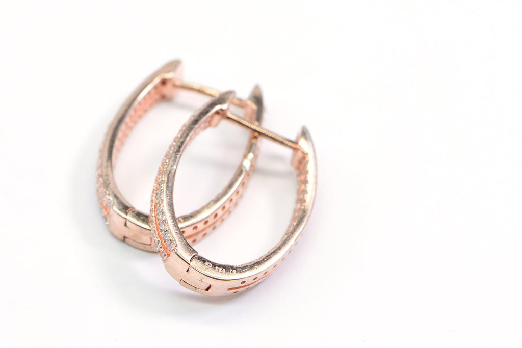 Rose Gold Zircon Hoop Earrings: Sterling Silver Hinged Hoops
