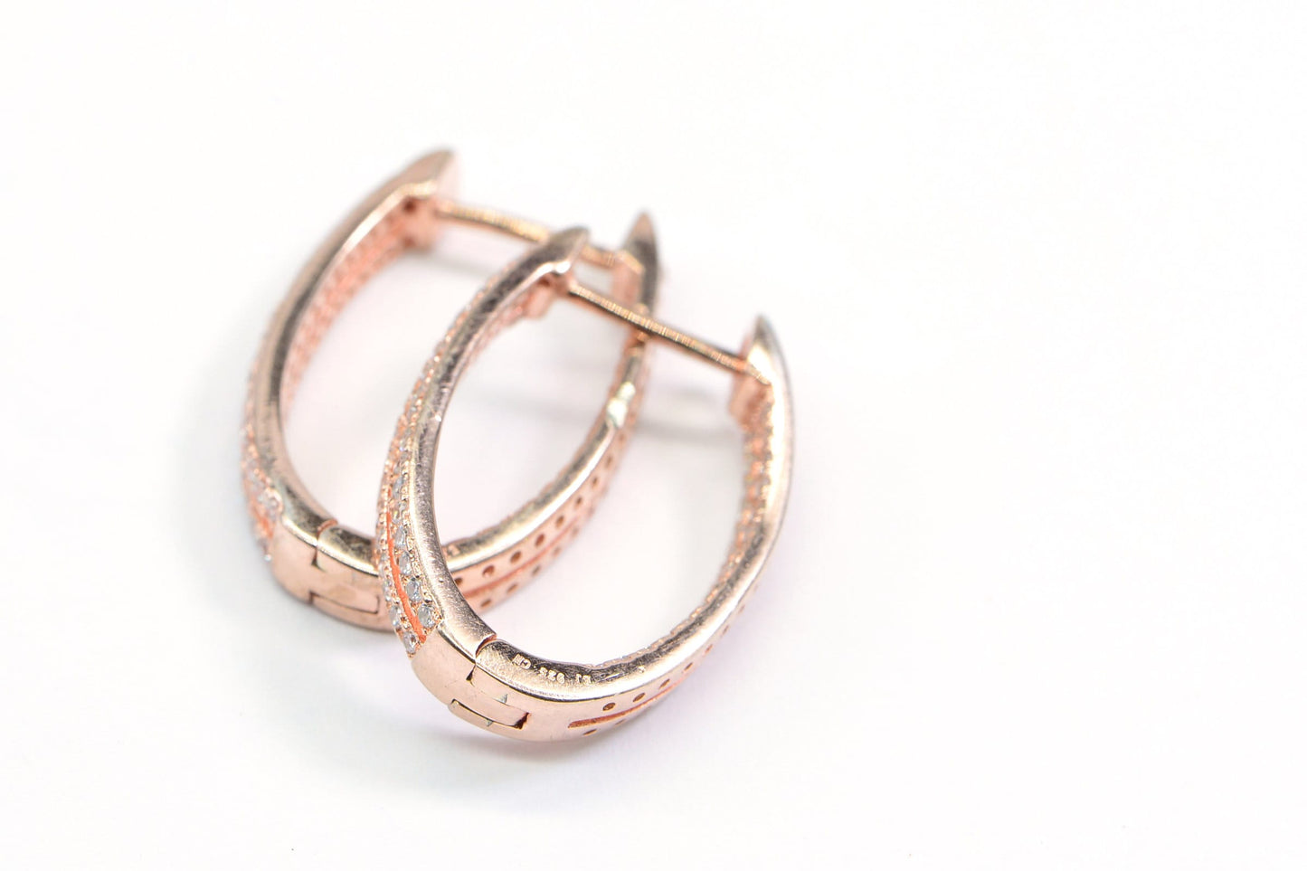 Rose Gold Zircon Hoop Earrings: Sterling Silver Hinged Hoops