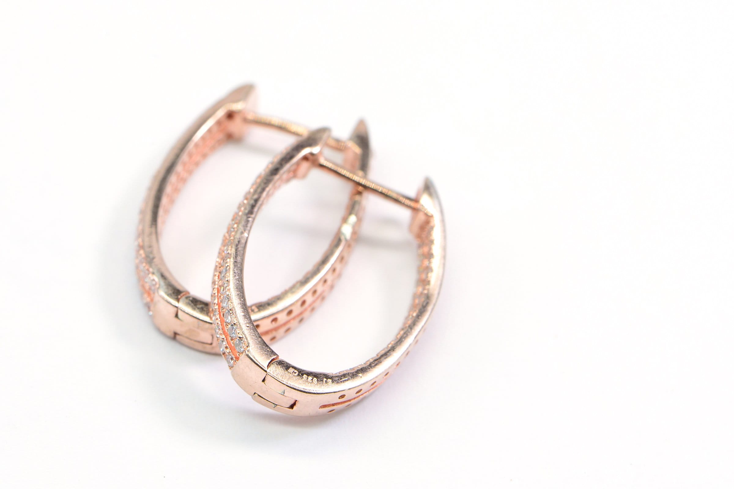 Rose Gold Zircon Hoop Earrings: Sterling Silver Hinged Hoops
