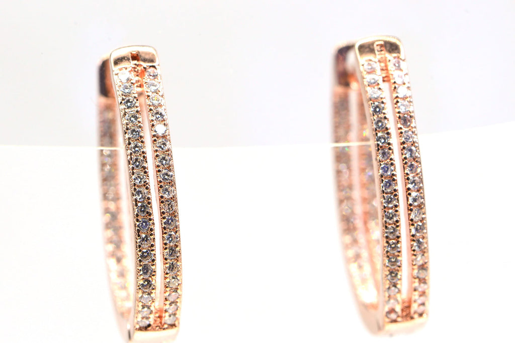 Rose Gold Zircon Hoop Earrings: Sterling Silver Hinged Hoops