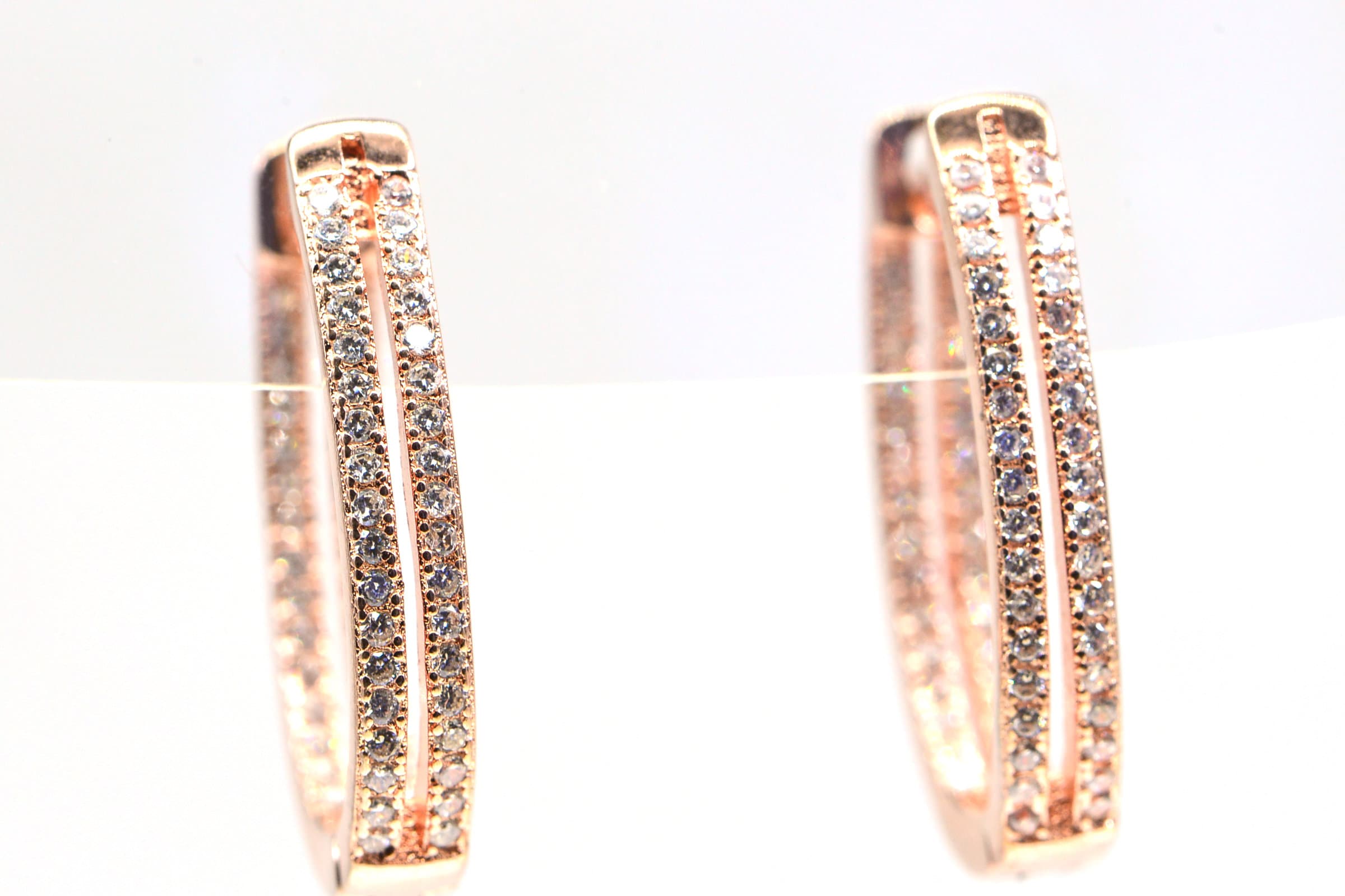 Rose Gold Zircon Hoop Earrings: Sterling Silver Hinged Hoops