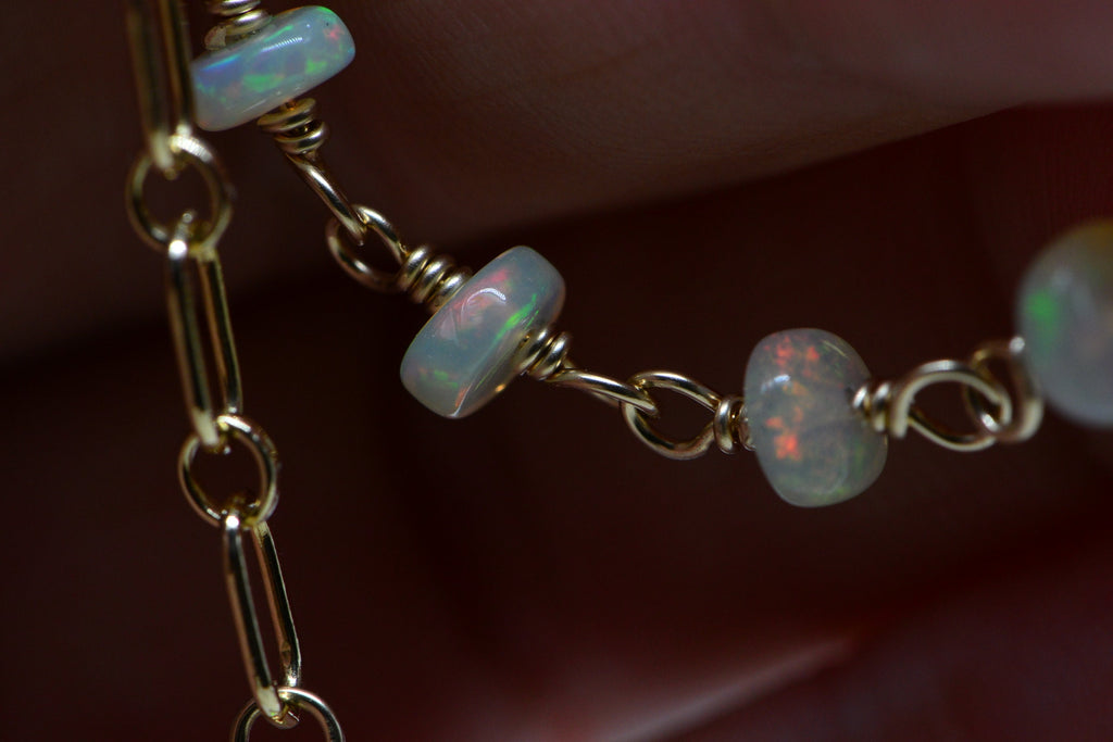 Ethiopian Welo Opal Bracelet: 14k Gold Filled Chain, October Birthstone