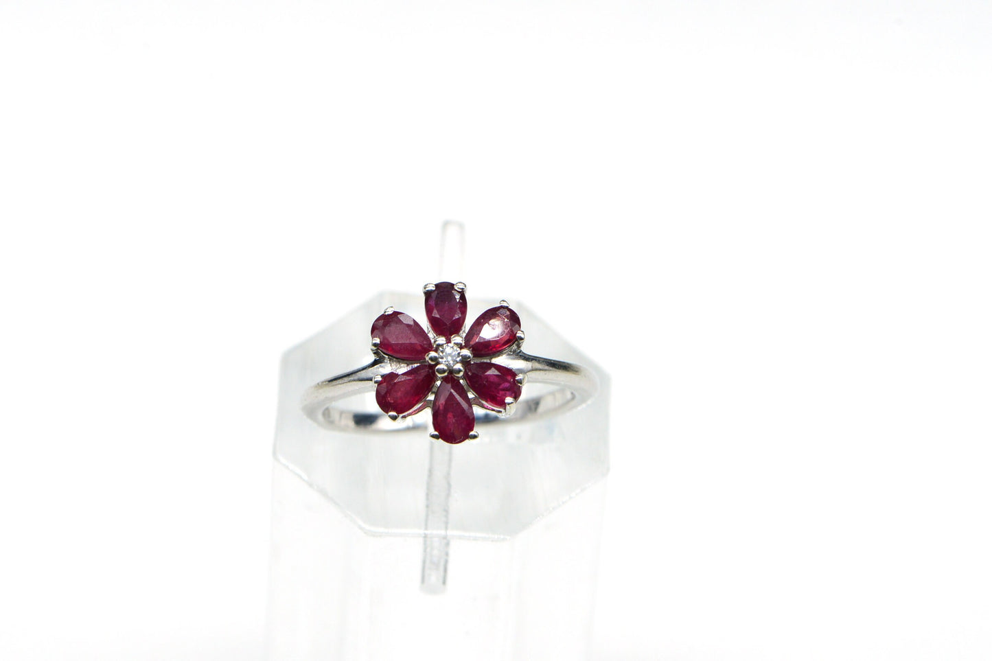 Natural Ruby and Zircon Rhodium over 925 Sterling Silver ring  Flower Design  Women Rings