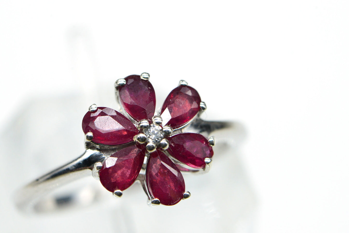 Natural Ruby and Zircon Rhodium over 925 Sterling Silver ring  Flower Design  Women Rings