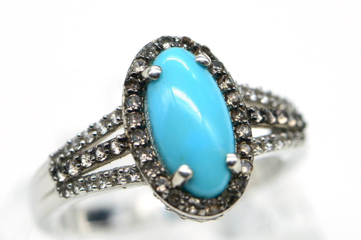 Sleeping Beauty Turquoise Ring, Halo Zircon, Sterling Silver, Handmade