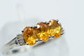 Citrine Three Stone Ring: Baguette Diamond, Rhodium Sterling Silver