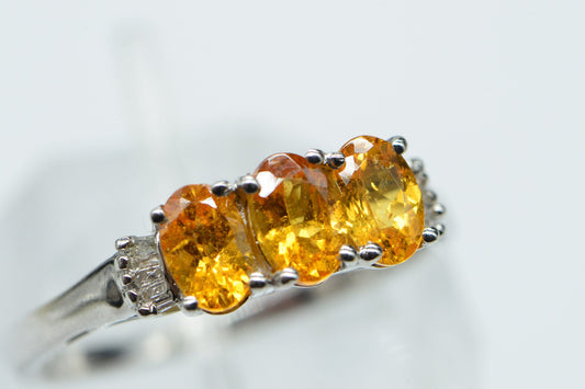 Citrine Three Stone Ring: Baguette Diamond, Rhodium Sterling Silver