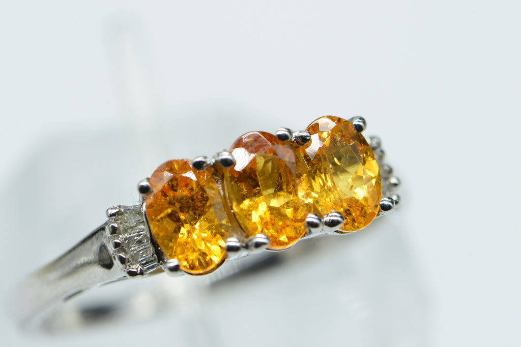 Citrine Three Stone Ring: Baguette Diamond, Rhodium Sterling Silver